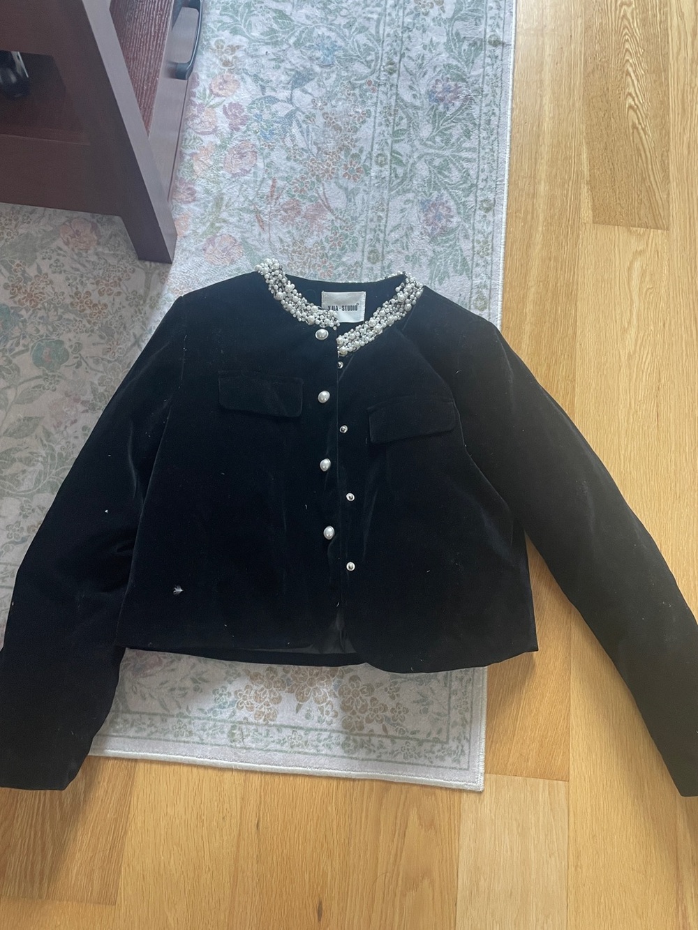 YJIA STUDIO Black Velvet Pearl Embellished Jacket